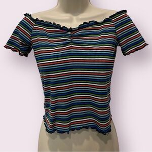 Ambiance Colorful Striped Off the Shoulder Crop Top Size Medium